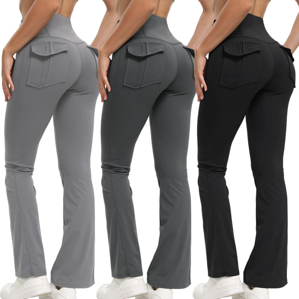 Tres modelos vistiendo leggings de yoga acampanados de talle alto en gris y negro.