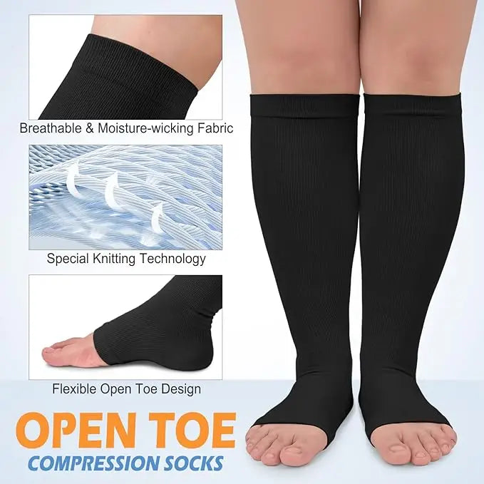 Black knee-high compression socks with a special knitting technology and flexible open toe design
