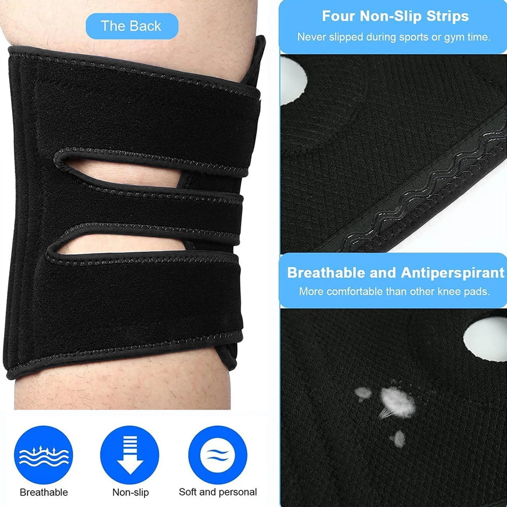 Black open-back knee brace shown on a person's leg, highlighting features like non-slip strips and breathability.