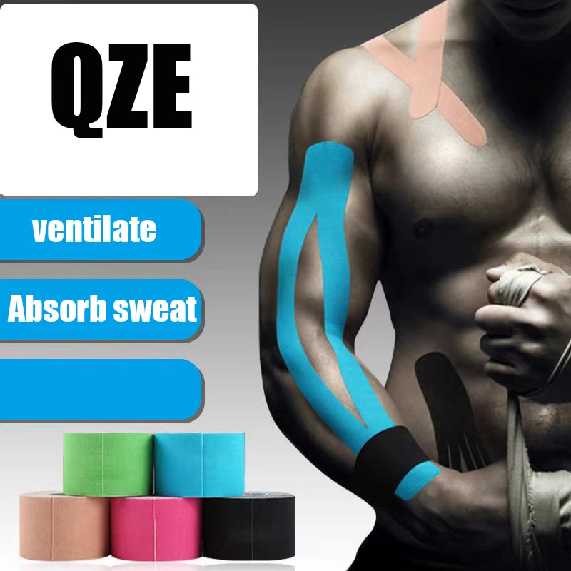 A person is applying QZE kinesiology tape to their arm for athletic recovery.