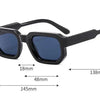 Lunettes de soleil avec monture rectangulaire noire rétro, montrant diverses mesures.