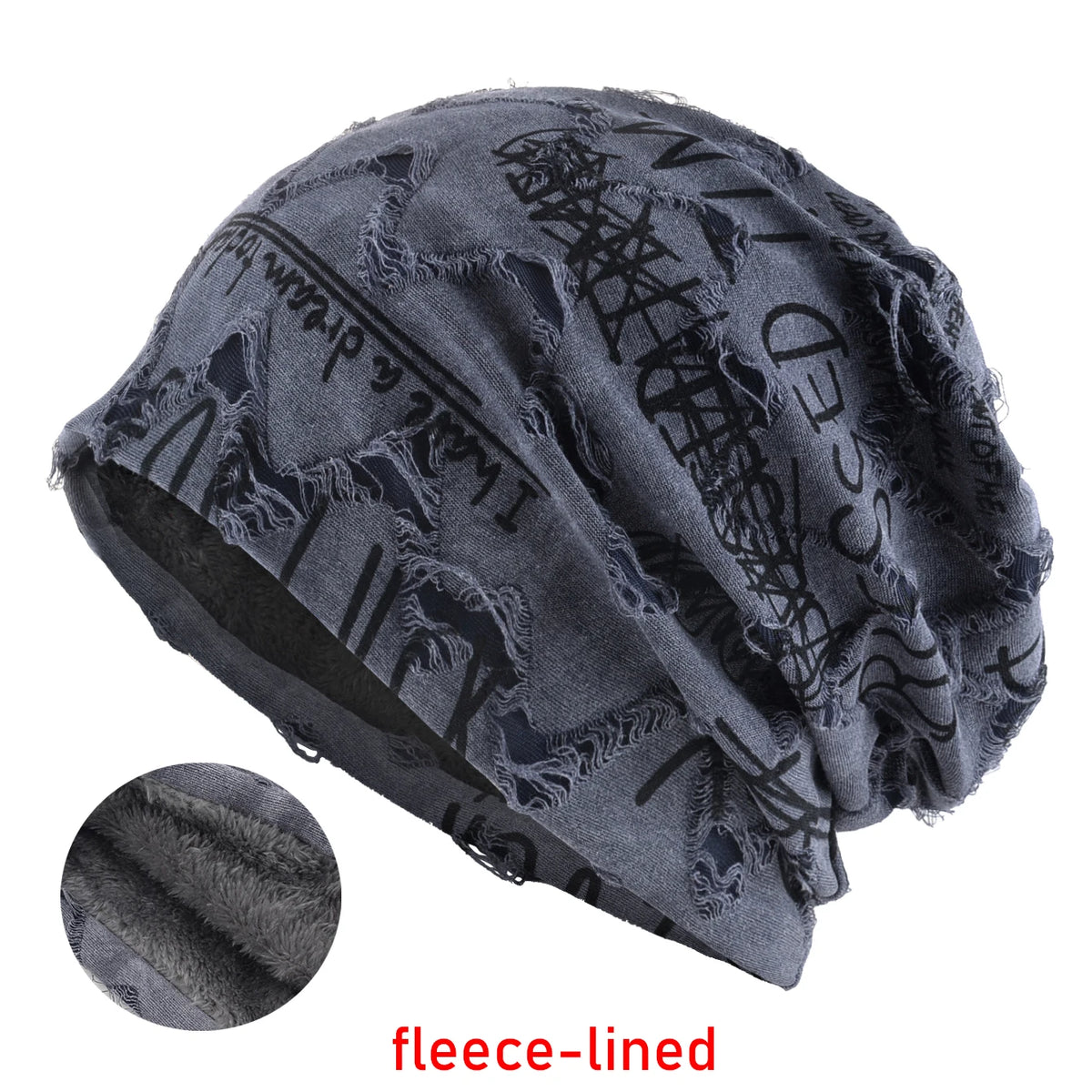 Vintage Letter Print Beanie Hat with Fleece Lining