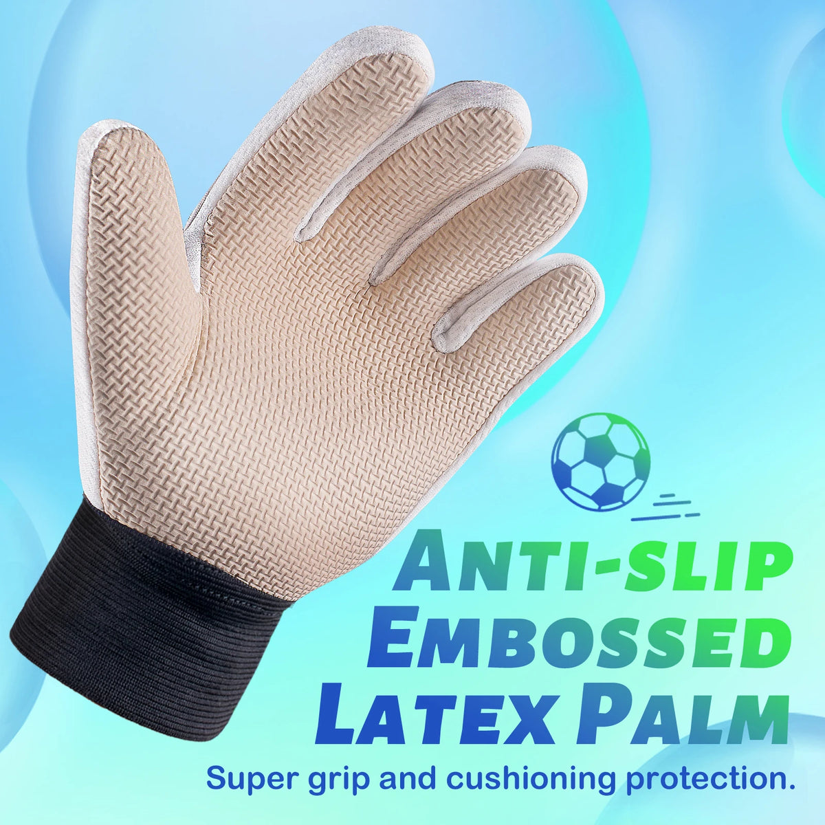 Tan anti-slip embossed latex palm goalie gloves with black wrist protection for super grip and cushioning.