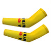 Yellow cycling arm warmers for MTB and cycling, shown in a side view.