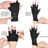 Step-by-step instructions showing how to put on and adjust fingerless compression gloves for hand pain relief.