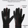 Black thermal knit winter ski gloves showing features like anti slip silicone touchscreen fingertips and elastic wrist openin
