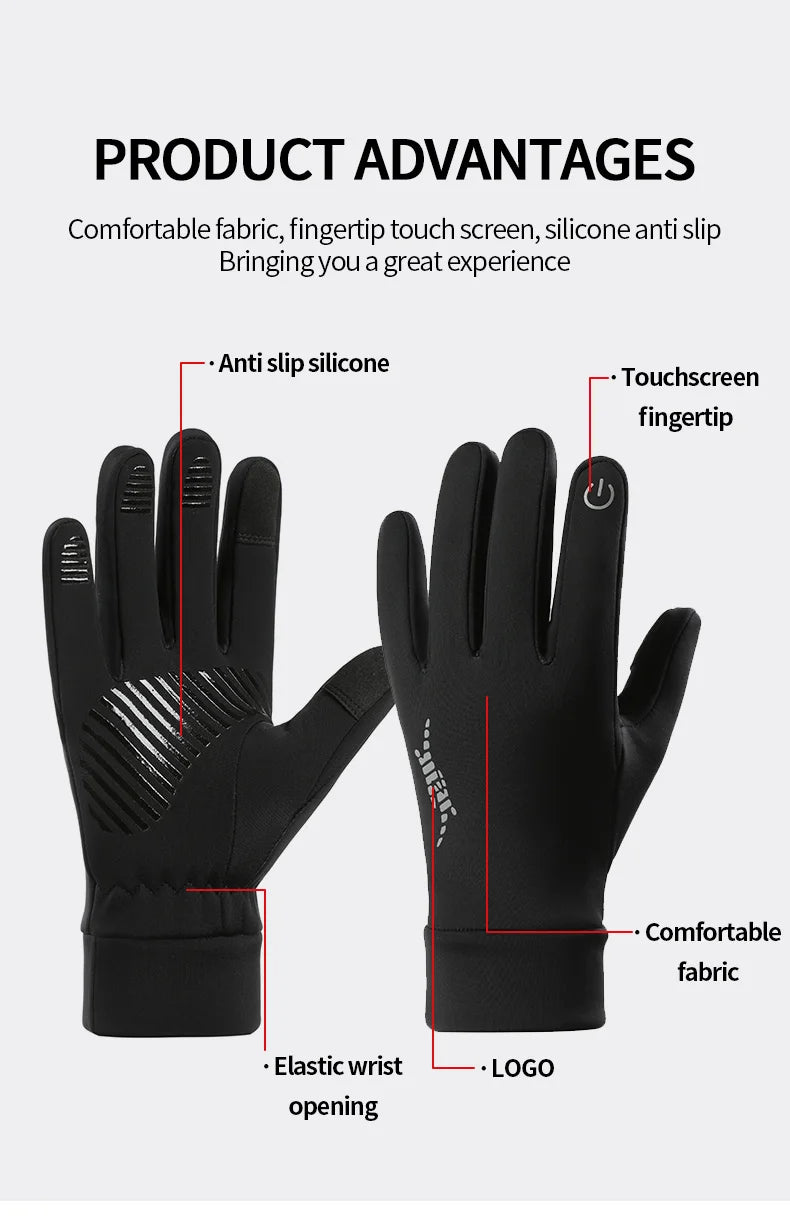 Black thermal knit winter ski gloves showing features like anti slip silicone touchscreen fingertips and elastic wrist openin