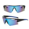 A pair of blue-tinted sport sunglasses with black frames shown from the front and side.