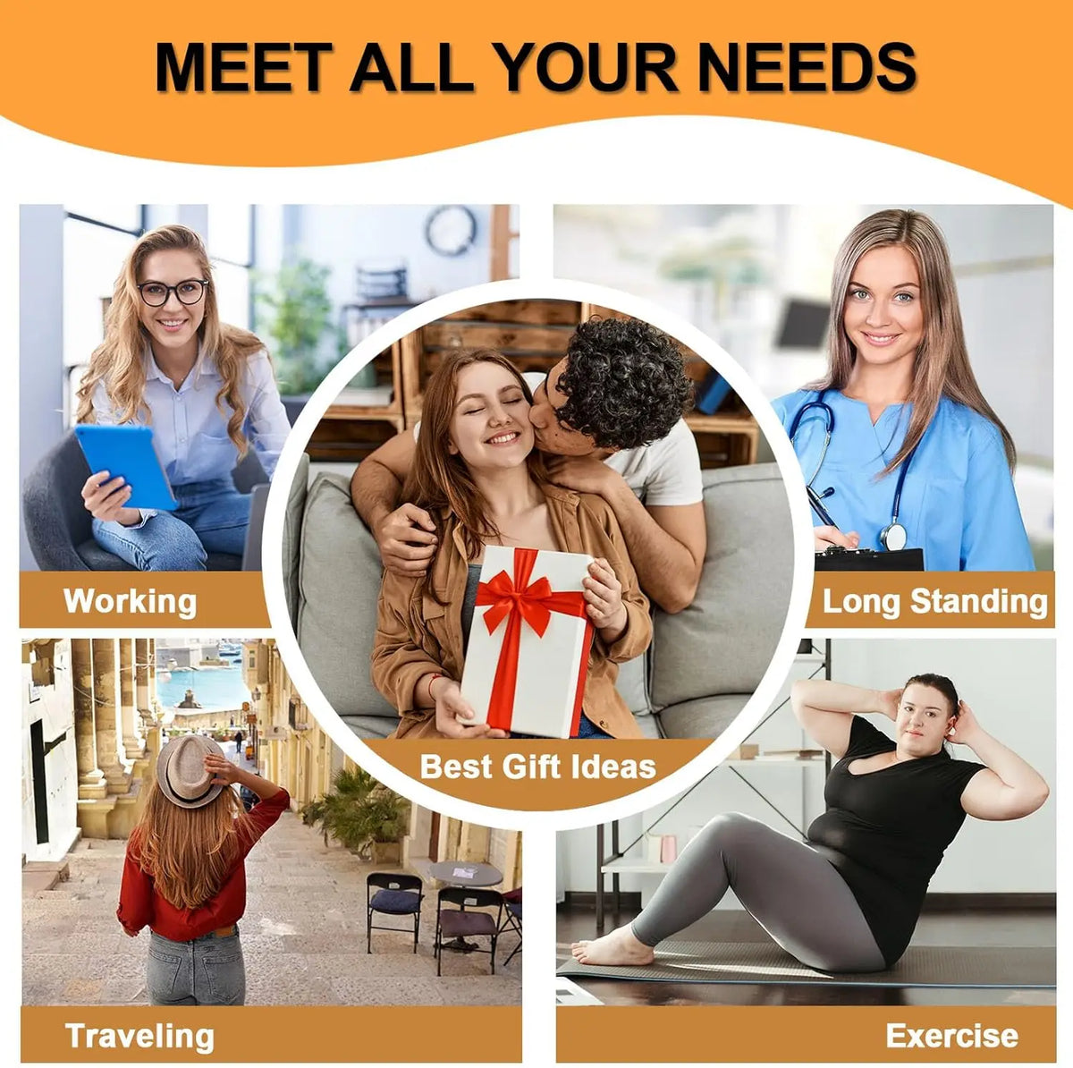 A collage showing various activities like working, long standing, gift ideas, traveling, and exercise.
