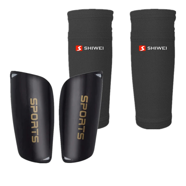 A set of black sports shin guards with comfort sleeves from Shiwei brand.