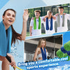 A woman smiling while holding a blue towel, with several green and blue cooling microfiber towels displayed in the background