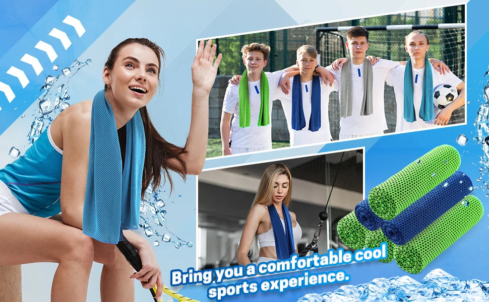 A woman smiling while holding a blue towel, with several green and blue cooling microfiber towels displayed in the background