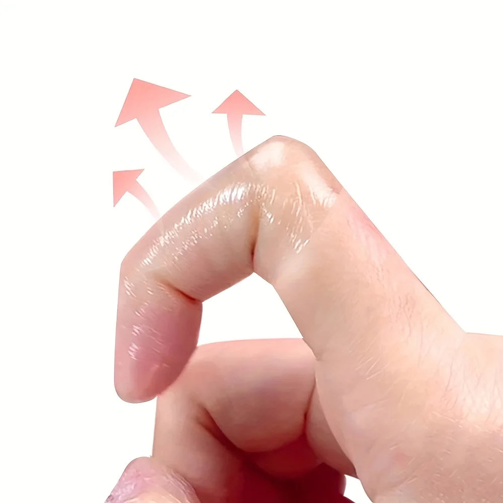 A hand is shown pressing a transparent self-adhesive tape onto a finger for protection.