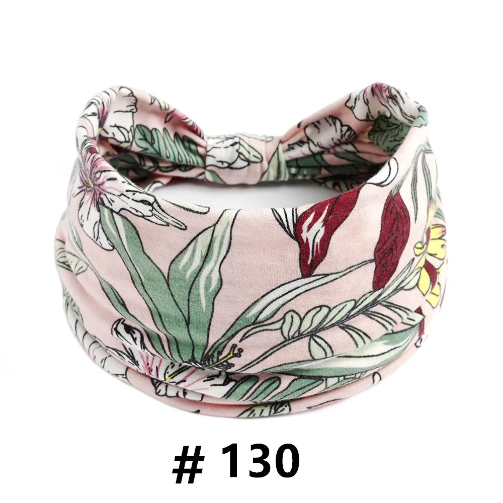 Bandeau en coton élastique fleuri rose style bohème noué en nœud