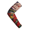 A close-up of a long sleeve sun protection breathable arm sleeve featuring a colorful, stylized face design.
