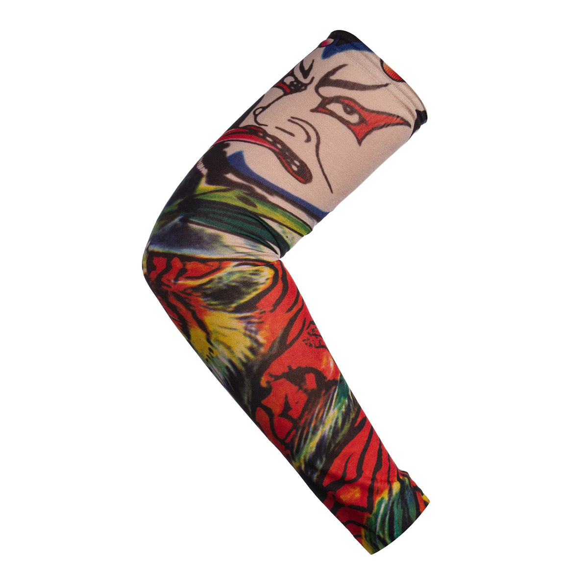 A close-up of a long sleeve sun protection breathable arm sleeve featuring a colorful, stylized face design.