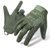 A pair of olive green tactical touch screen outdoor gloves shown in a close-up view.