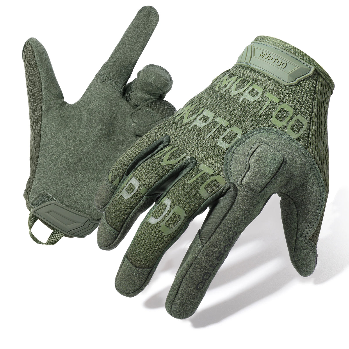 A pair of olive green tactical touch screen outdoor gloves shown in a close-up view.