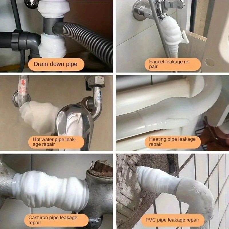 Various images showing silicone repair tape used for fixing leaks on drain pipes, faucets, heating pipes, cast iron, and PVC 