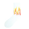 White novelty socks featuring a yellow and orange flame pattern.