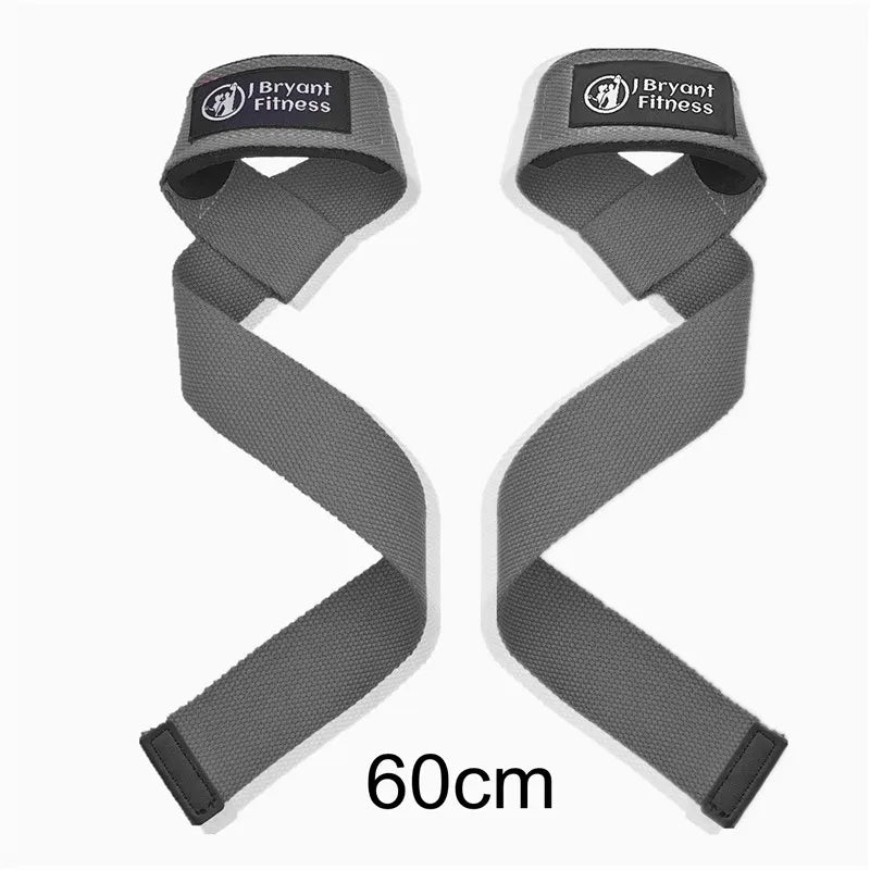 Gray Bryant Fitness gym wrist strap shown flat with a 60cm scale marker.