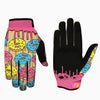A pair of full finger motocross motorcycle gloves in pink and black with colorful paint splatters