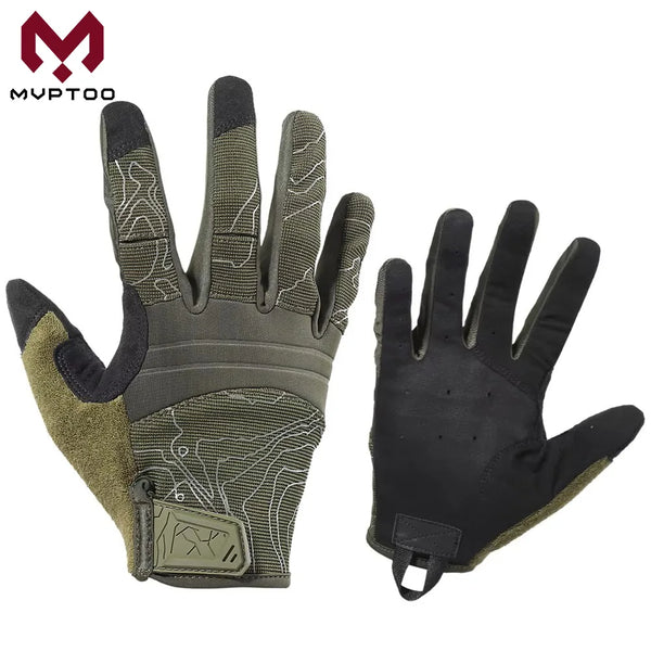 A pair of tactical touchscreen sports gloves in olive green and black for outdoor activities.