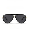 Classic oval pilot sunglasses with black frames and dark lenses against a white background