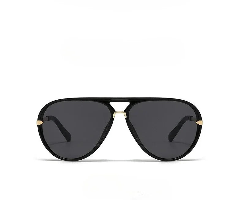 Classic oval pilot sunglasses with black frames and dark lenses against a white background