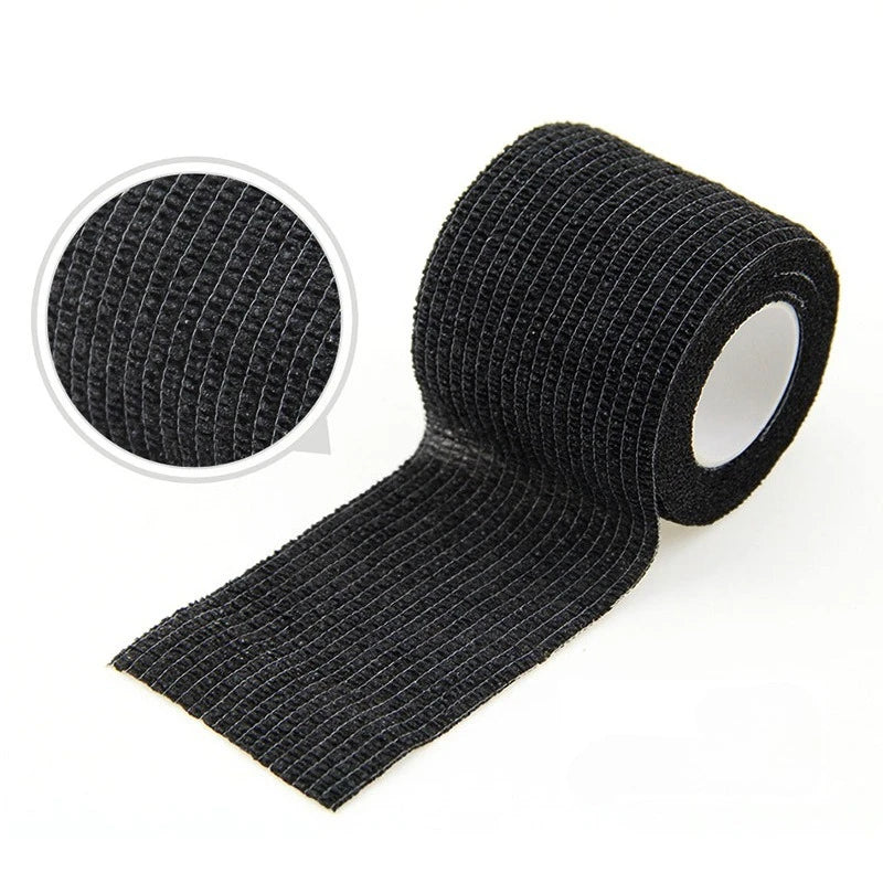 Black self-adhesive elastic bandage tape rolled and laid out with an inset showing the texture.