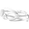 White anti-fog UV protection swimming goggles for men and women shown on a white background.