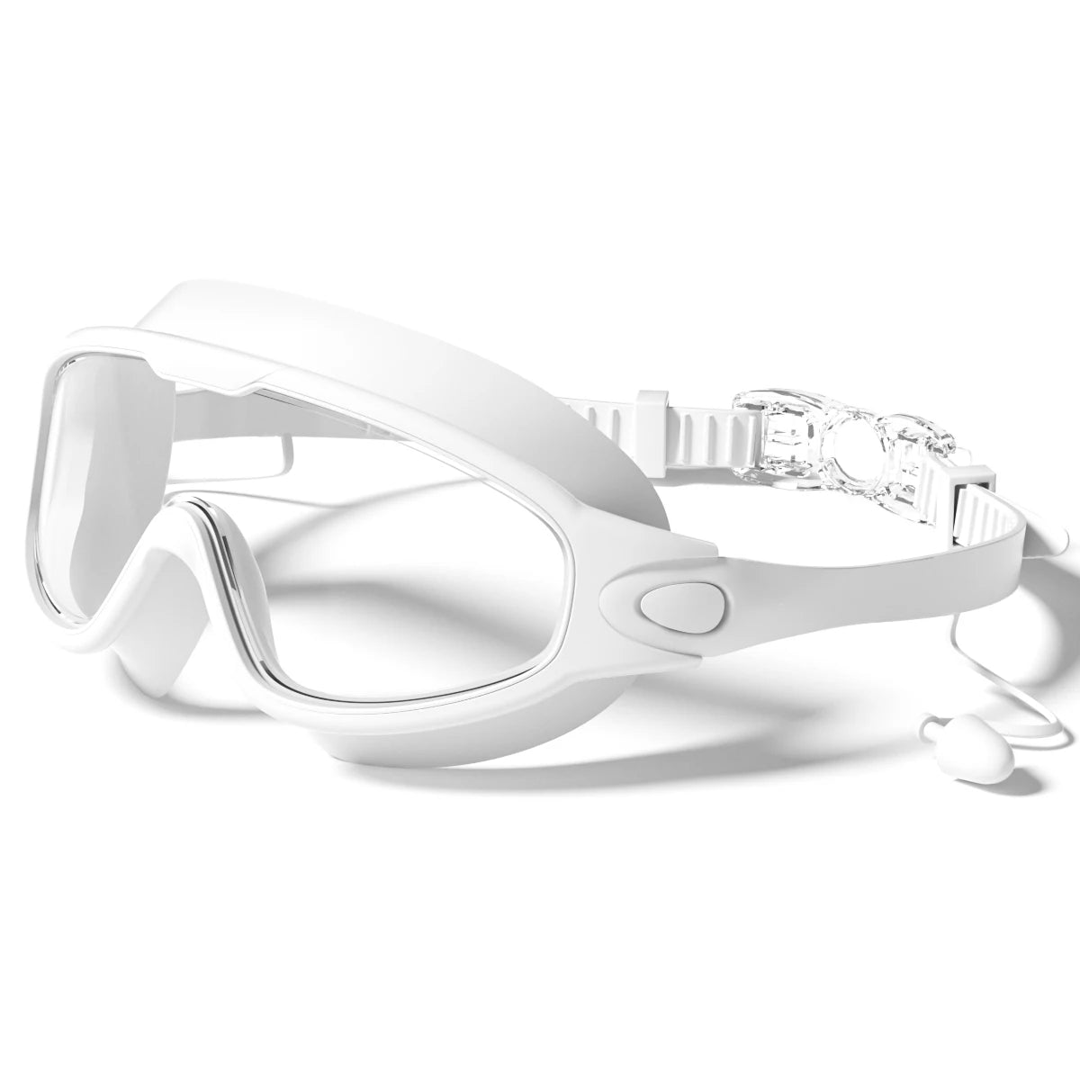 White anti-fog UV protection swimming goggles for men and women shown on a white background.