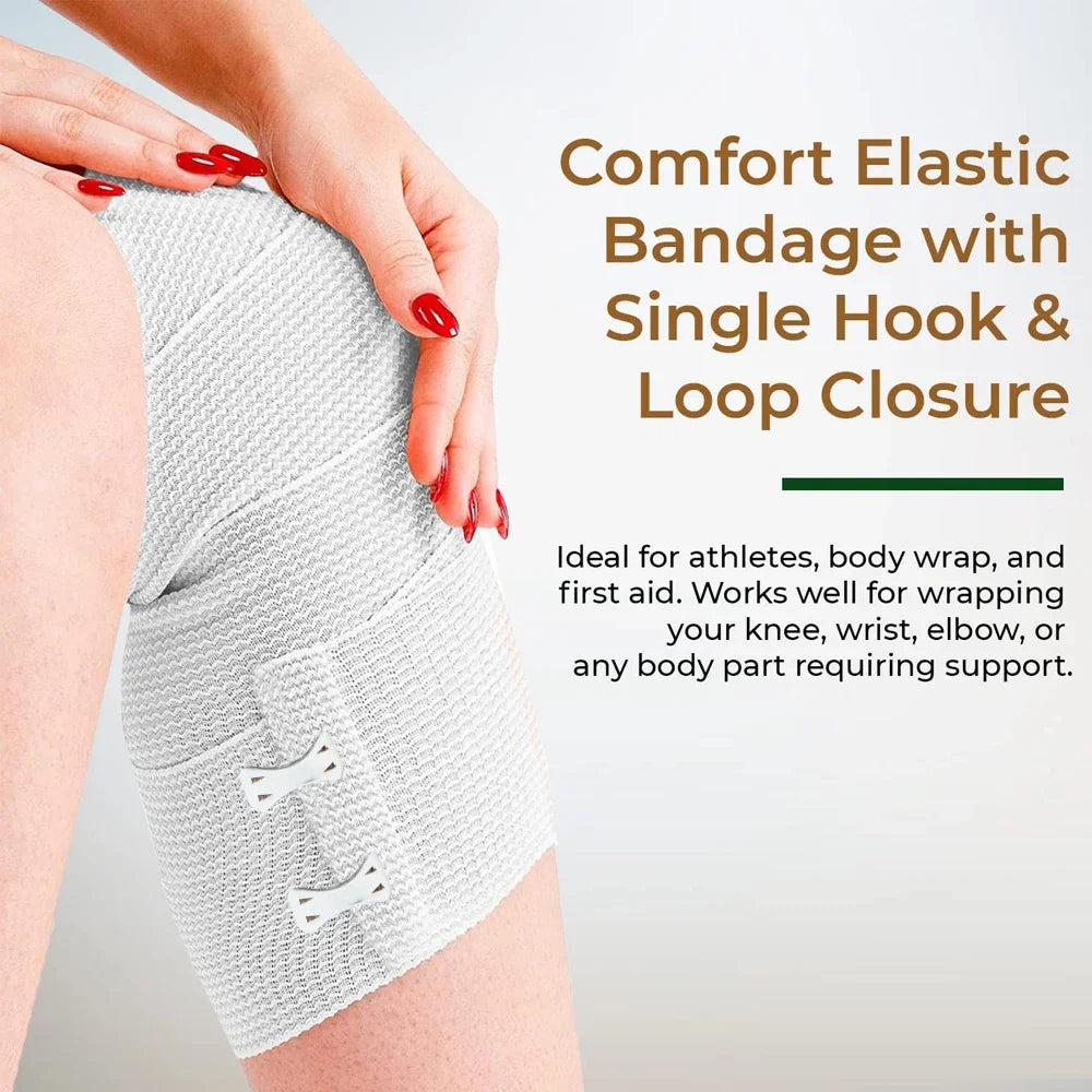 A hand is applying a white elastic bandage with a single hook and loop closure to a person's knee area.