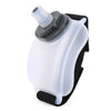 A clear plastic sports wrist water bottle with a gray cap and black strap.
