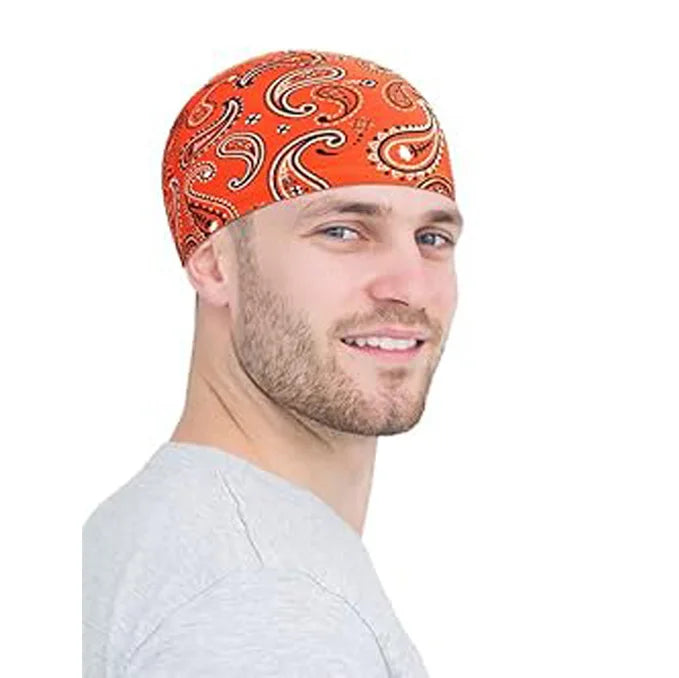 A man wearing an orange patterned breathable printed headscarf cap for activewear.
