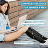 A woman is shown wearing black compression socks while using a laptop, demonstrating the product's benefits.