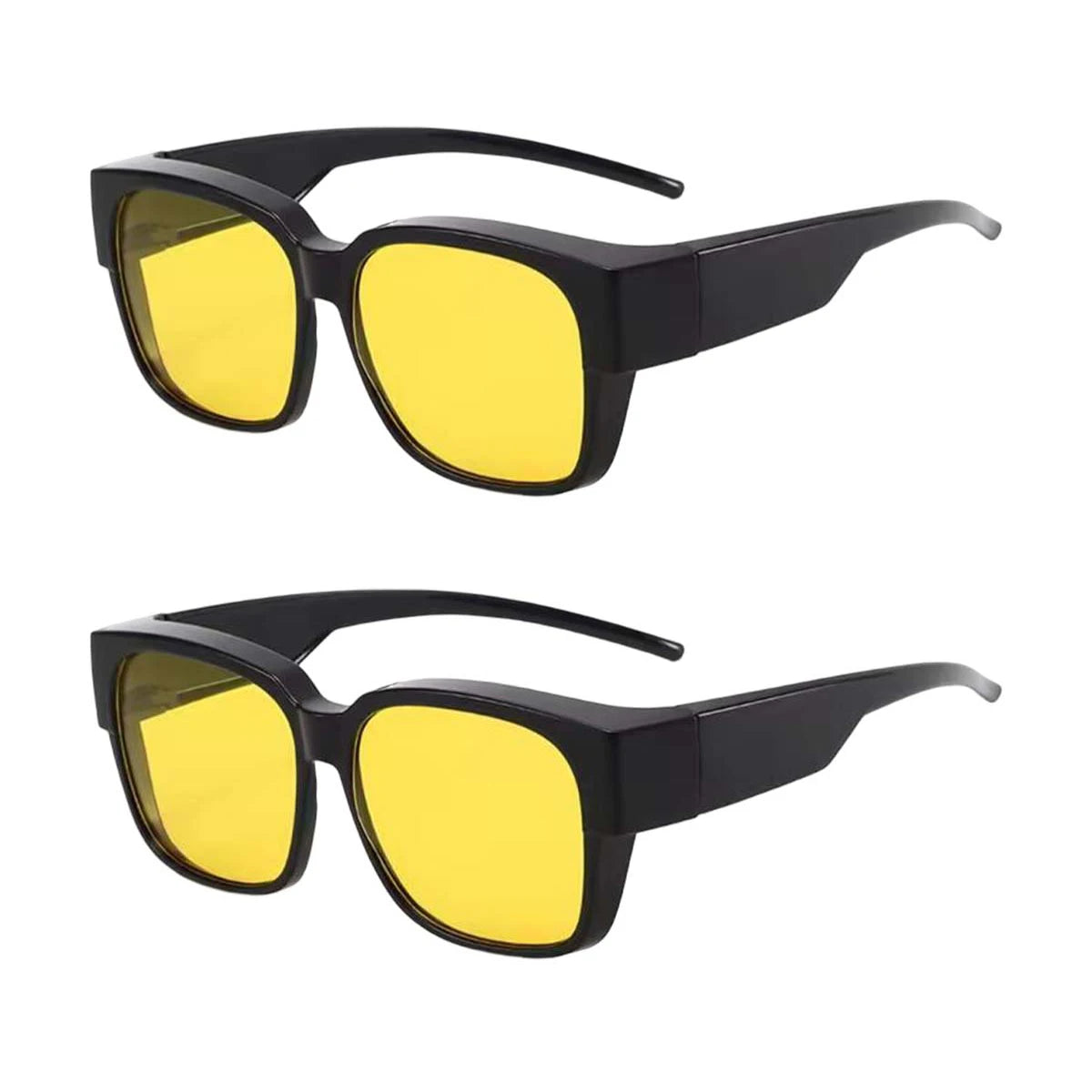 A pair of oversized black sunglasses with yellow lenses shown against a white background.