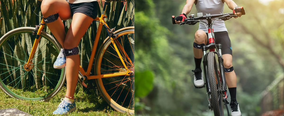 A person riding a bicycle outdoors wearing an adjustable patellar tendon support knee brace.