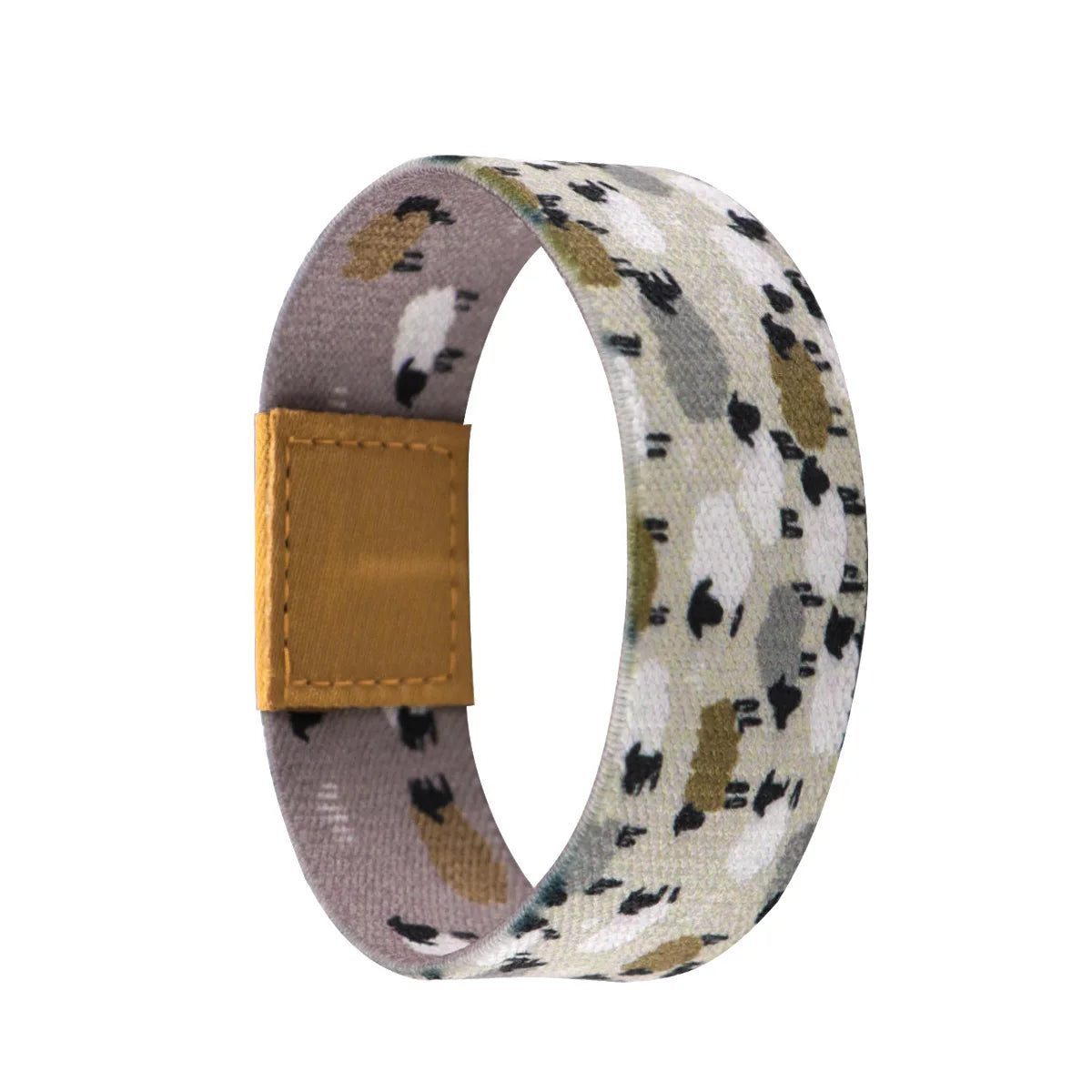 A wristband bracelet made of stretch silicone featuring a mottled brown and gray flower pattern.