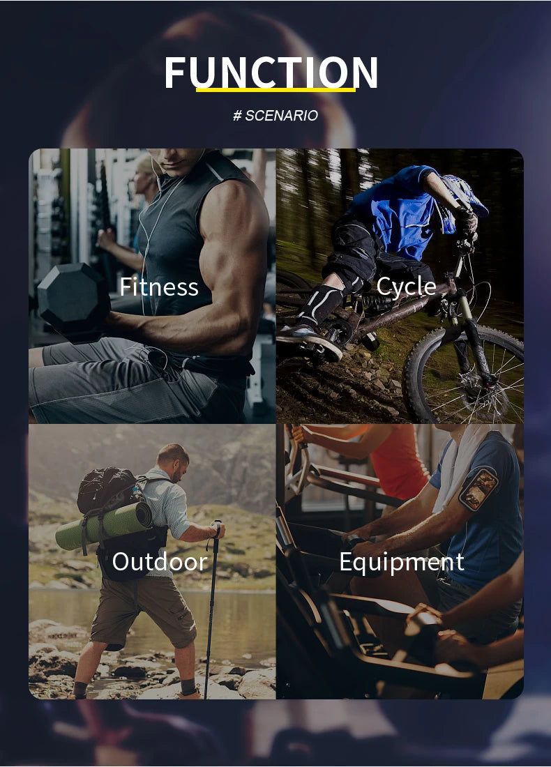 Collage von Menschen, die Fitnessaktivitäten wie Gewichtheben, Radfahren und Outdoor-Sport betreiben.