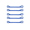 A set of five blue multi-functional elastic sports headbands laid out horizontally.