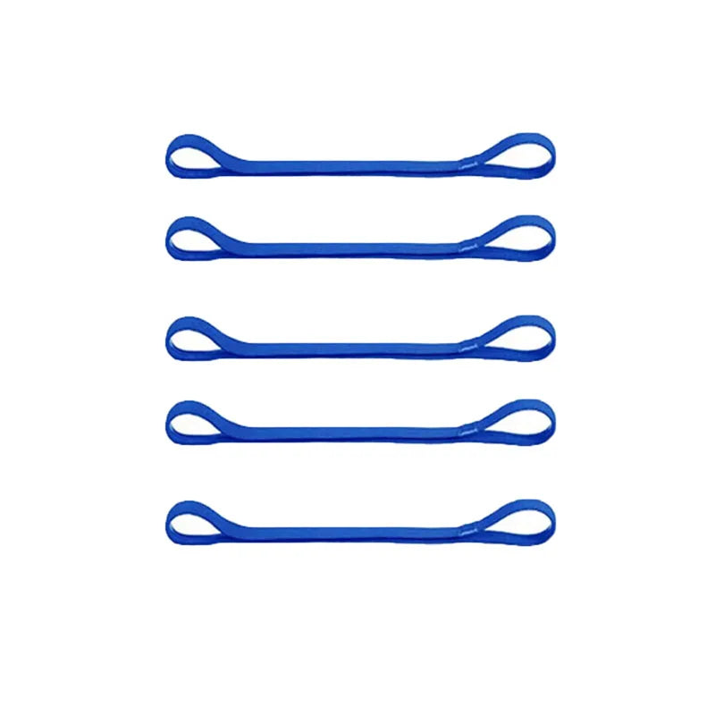 A set of five blue multi-functional elastic sports headbands laid out horizontally.