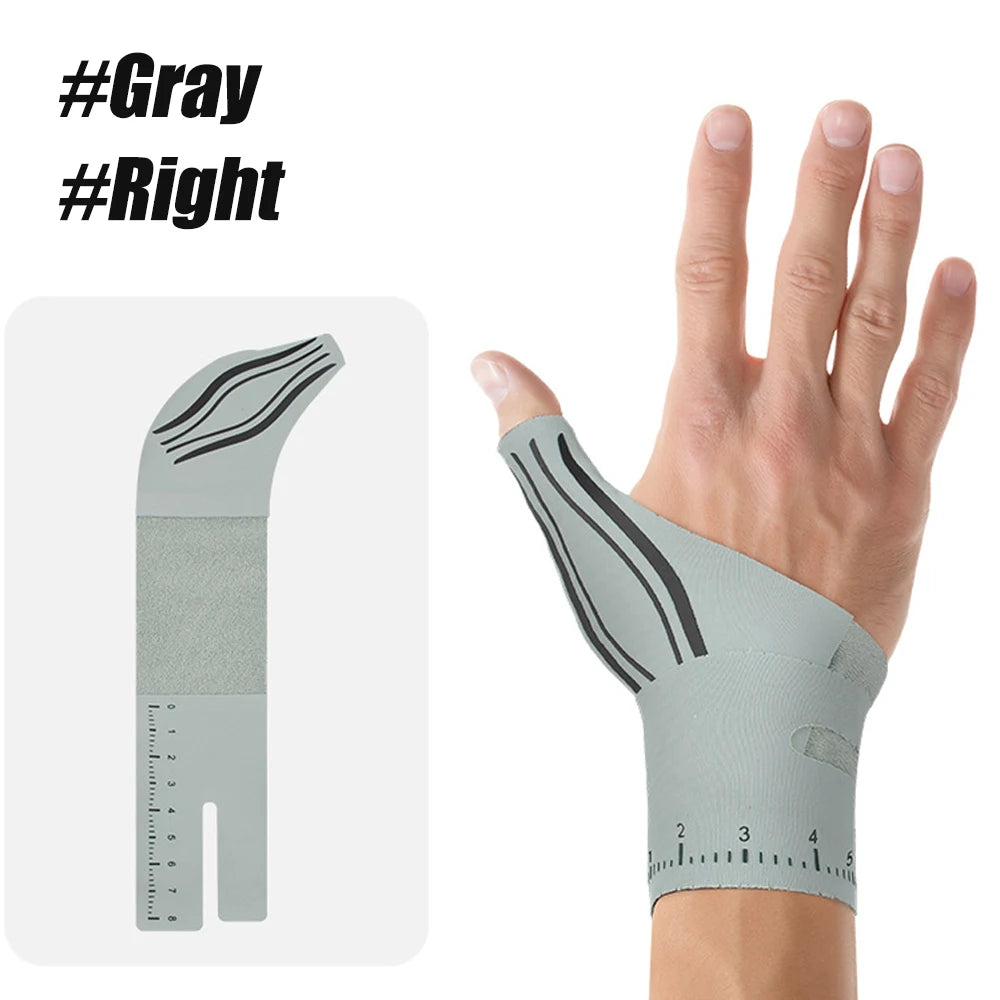Gray wrist and thumb brace shown on a hand, demonstrating its fit and adjustable design.