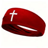 A red athletic sweat headband with a white cross design.