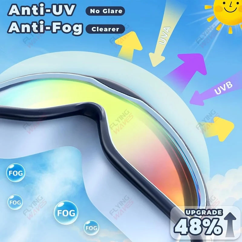 A pair of swimming goggles with anti-fog and UV protection features are shown against a blue background.
