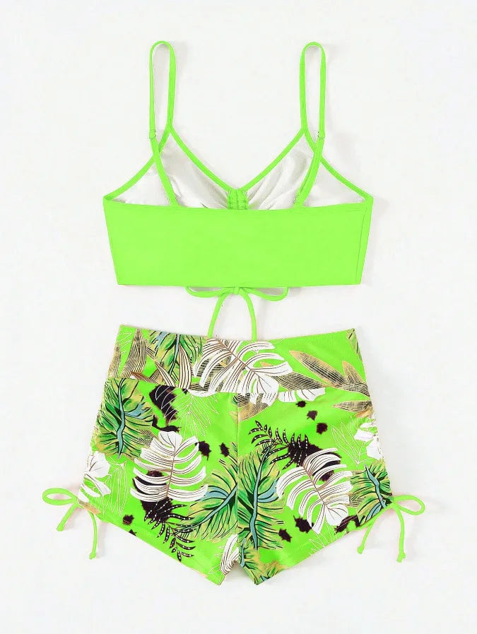 Neon lime green floral print two-piece high-waist bikini set top and bottom