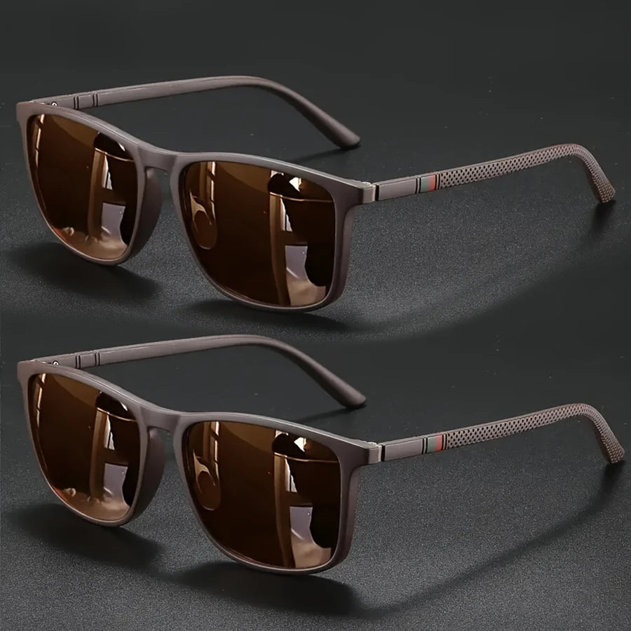 A pair of brown vintage square sunglasses with thin metal arms and UV400 protection