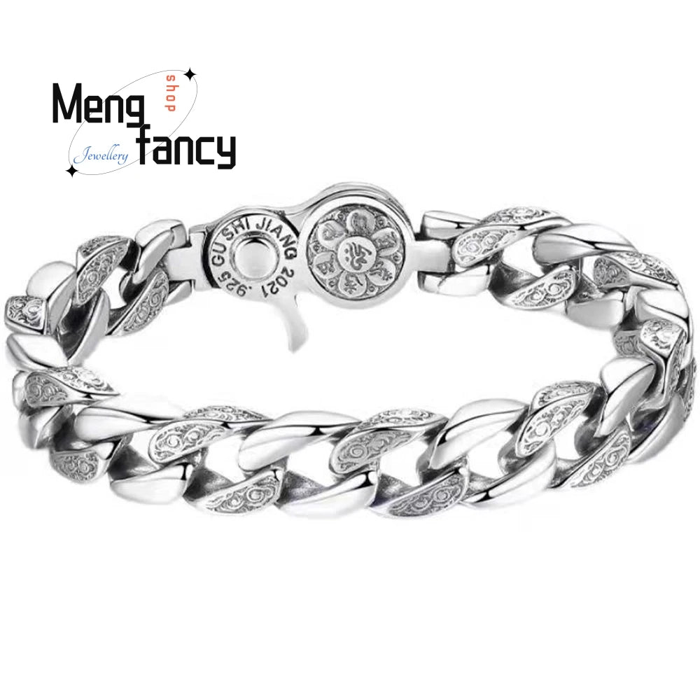 A silver mantra charm bracelet featuring interlocking links and a central charm.