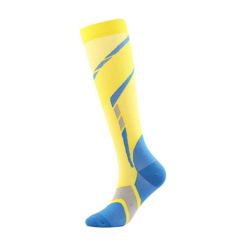 Yellow and blue compression leg socks with athletic support patterns