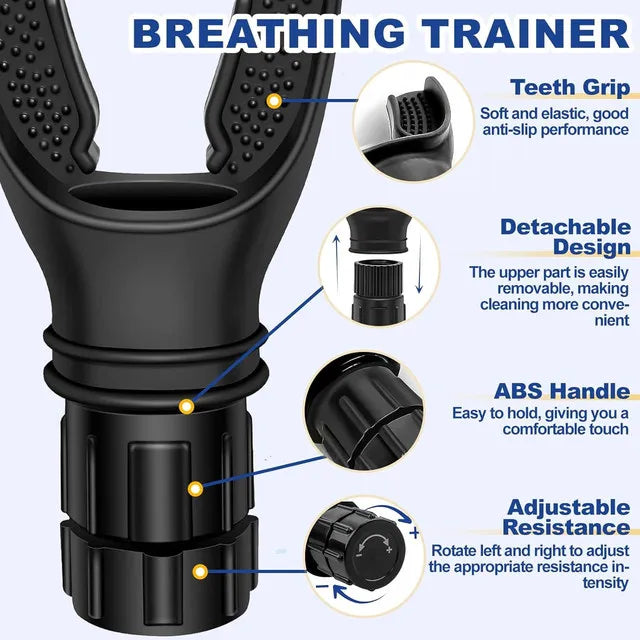 A black breathing trainer featuring a teeth grip, detachable design, ABS handle, and adjustable resistance.